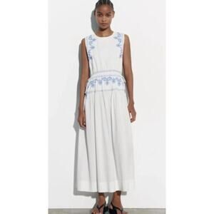 Sunday Up White Midi Dress with Blue Embroidery Sz. S